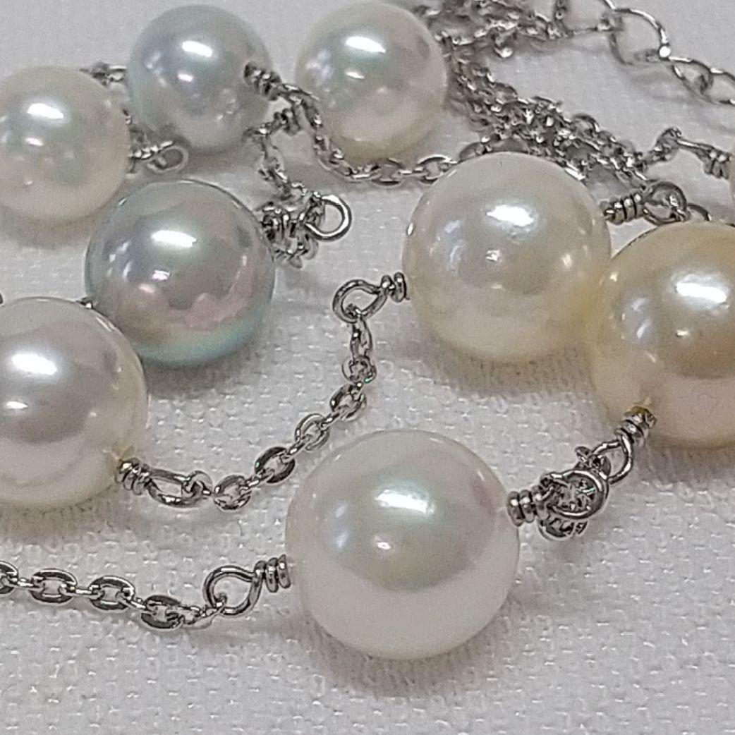 Aquoqa Honmai Pearl Station Necklace featuring 8.5-6.5mm round pearls on silver adjustable chain 40-45cm