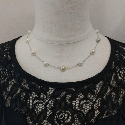 Aquoqa Honmai Pearl Station Necklace featuring 8.5-6.5mm round pearls on silver adjustable chain 40-45cm