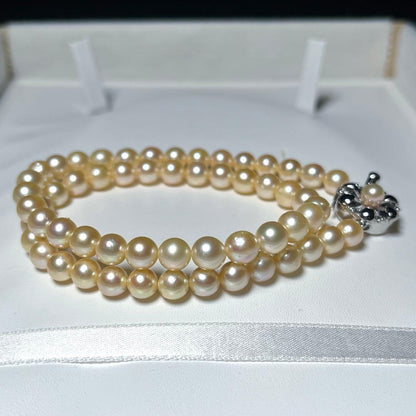 Golden Color Akoya Pearl Necklace with round 6.0-6.5mm white pearls on silver chain