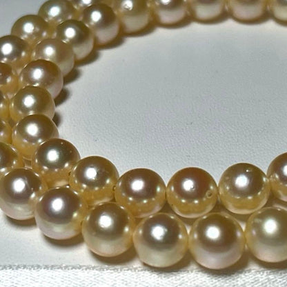Golden Color Akoya Pearl Necklace with round 6.0-6.5mm white pearls on silver chain