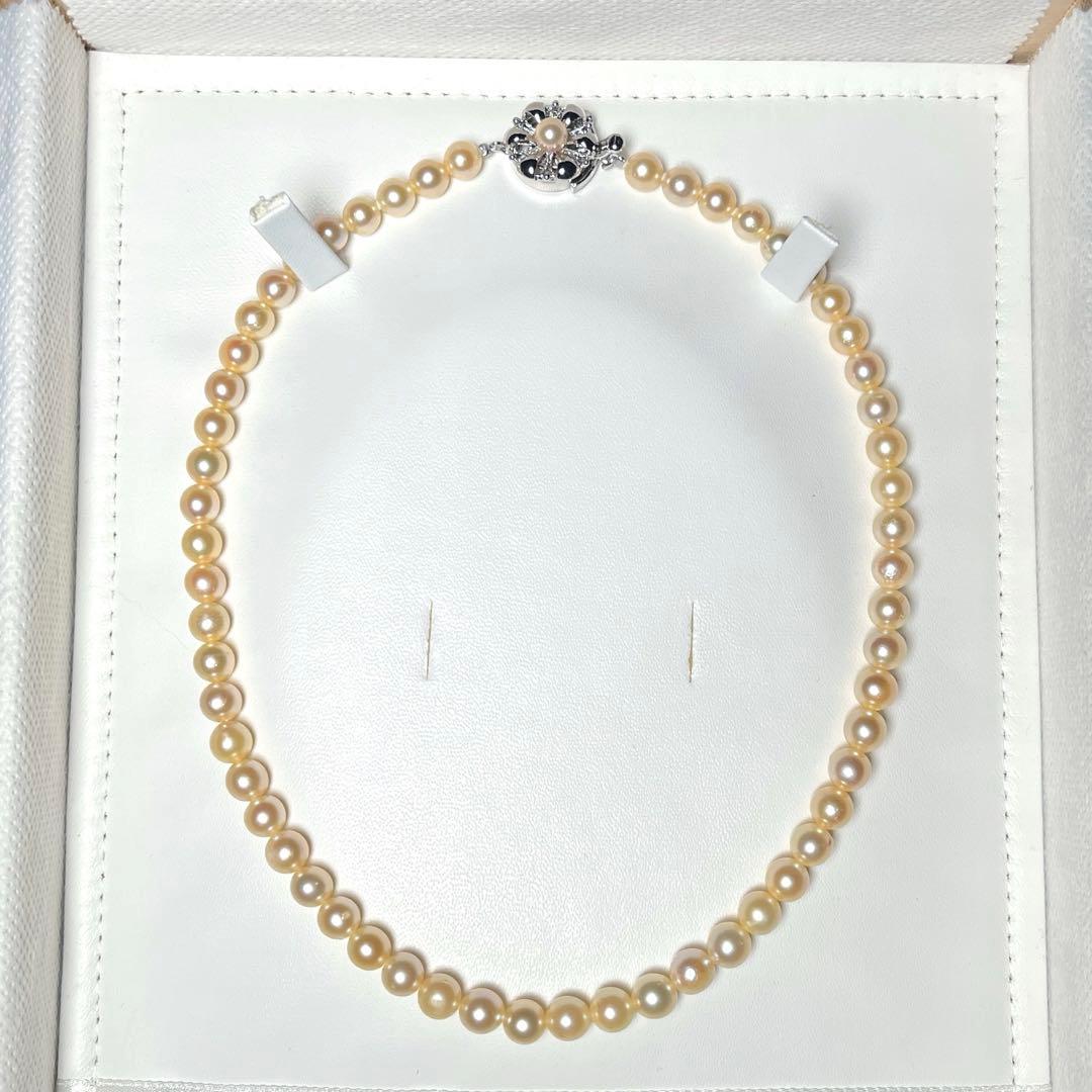 Golden Color Akoya Pearl Necklace with round 6.0-6.5mm white pearls on silver chain