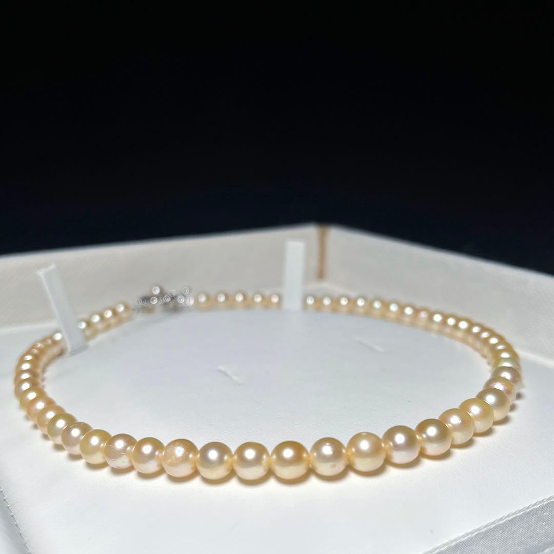 Golden Color Akoya Pearl Necklace with round 6.0-6.5mm white pearls on silver chain