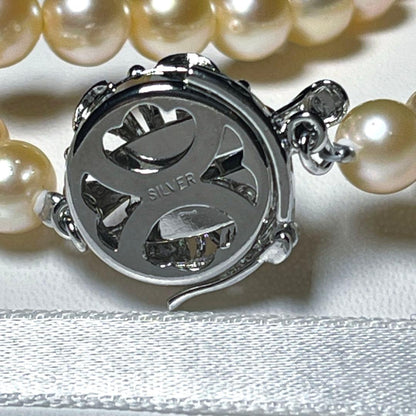 Golden Color Akoya Pearl Necklace with round 6.0-6.5mm white pearls on silver chain