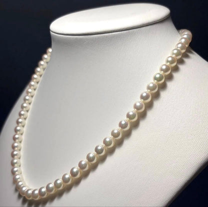 Mikimoto Akoya pearl necklace with 5.5 to 5.9mm pearls, 38cm length, silver clasp, displayed with genuine case