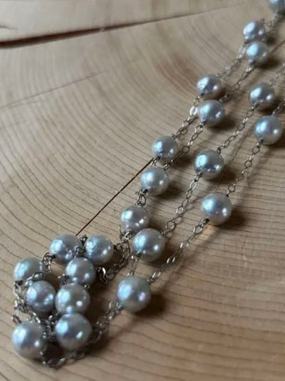 Akoya Pearl Station Long Necklace 70cm with round white pearls on delicate chain