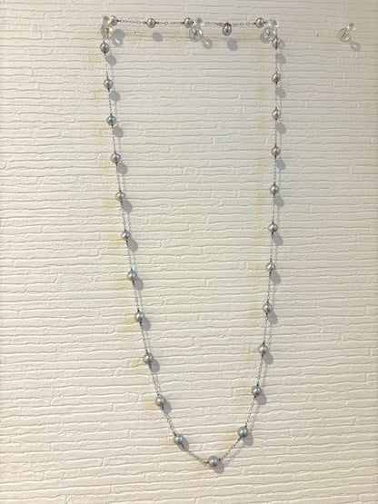 Akoya Pearl Station Long Necklace 70cm with round white pearls on delicate chain