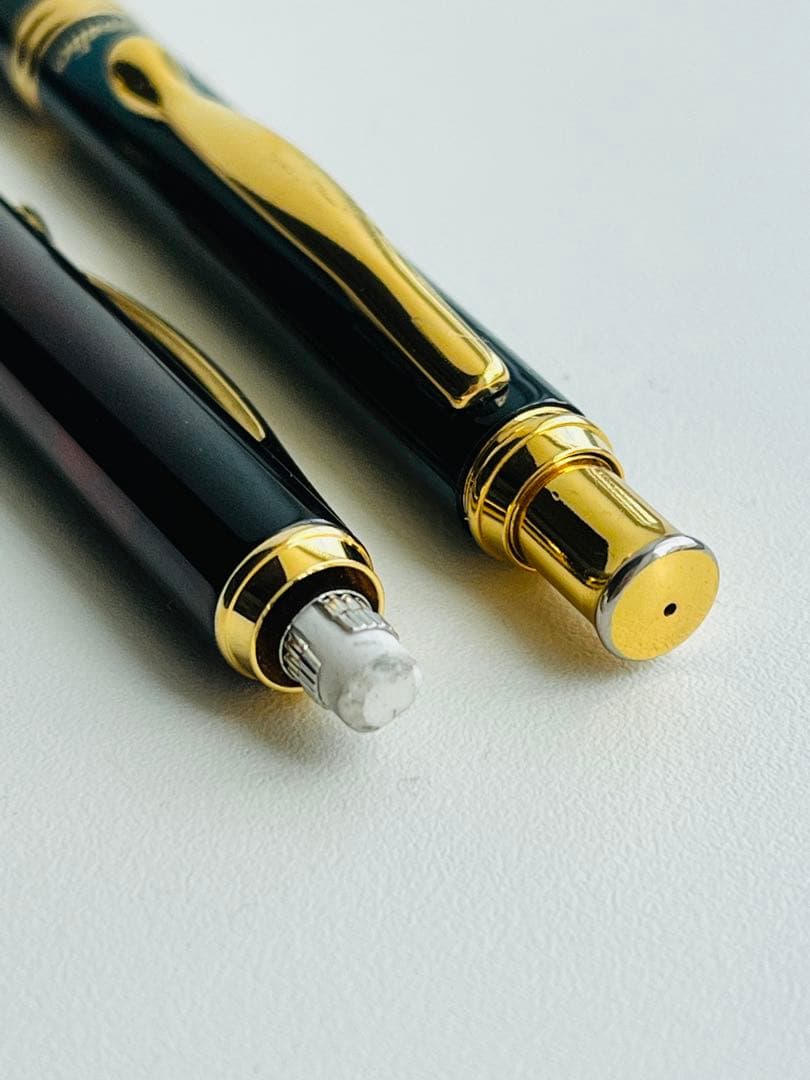 Set of two Pilot Cavalier first generation writing instruments mechanical pencil red marble and blue marble ballpoint pen