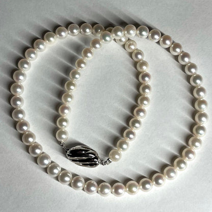 Aurora Interference color Akoya pearl necklace with 6.0-6.5mm white pearls and silver clasp on a white background