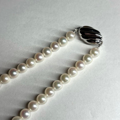 Aurora Interference color Akoya pearl necklace with 6.0-6.5mm white pearls and silver clasp on a white background