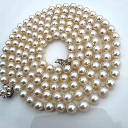 Tasaki 130cm long Akoya pearl necklace with lustrous 7.5-8.0mm white pearls