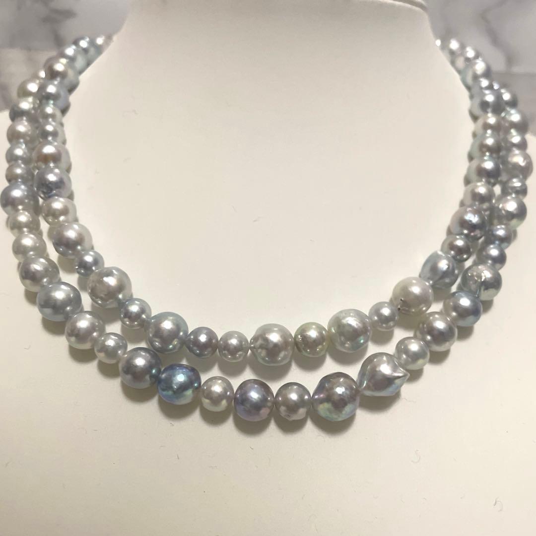 Akoya pearl long necklace with multi-color aurora beads, 84 cm length, from Ise-Shima Egu Bay