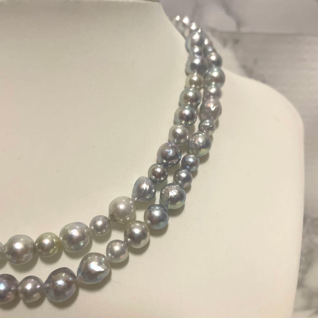 Akoya pearl long necklace with multi-color aurora beads, 84 cm length, from Ise-Shima Egu Bay