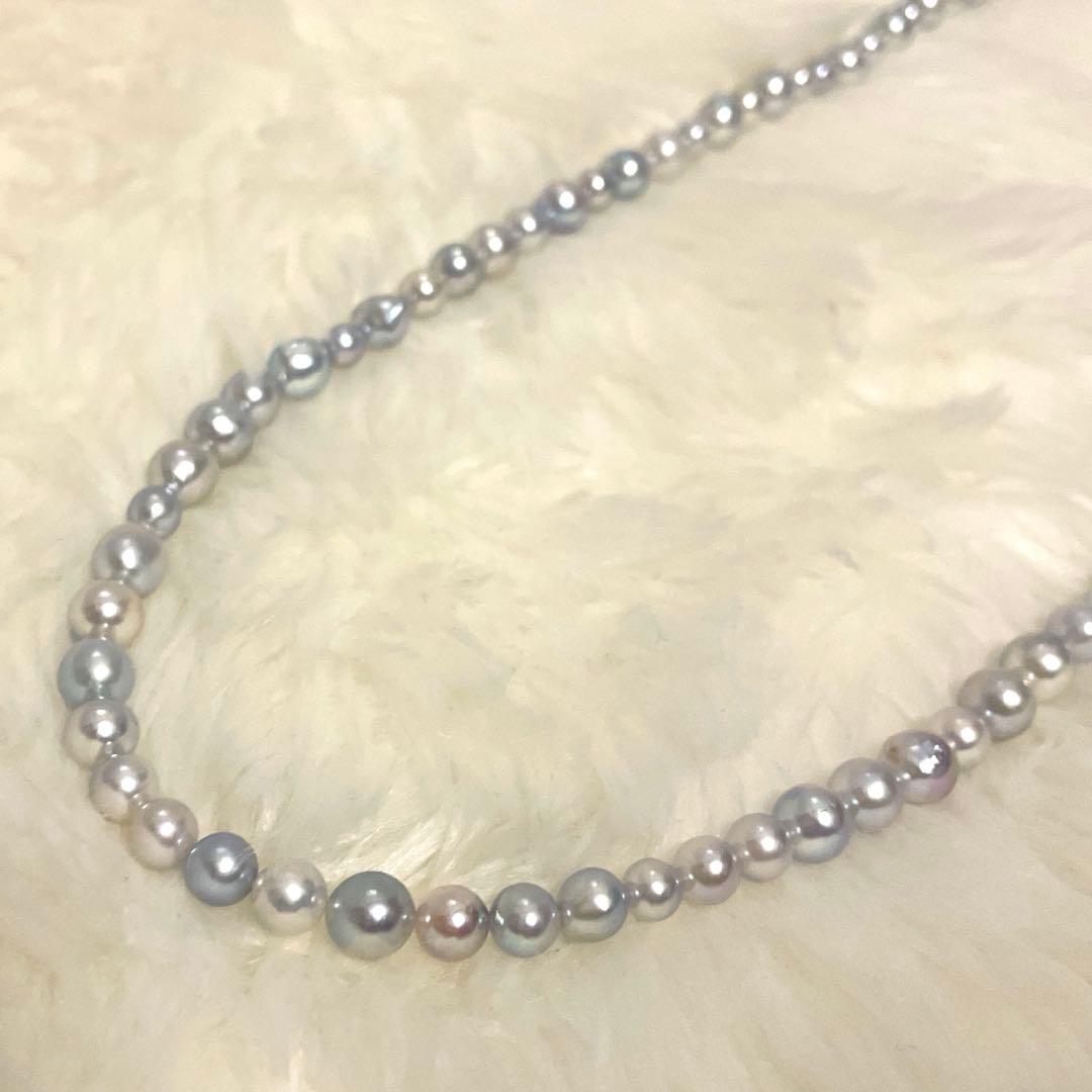 Akoya pearl long necklace with multi-color aurora beads, 84 cm length, from Ise-Shima Egu Bay