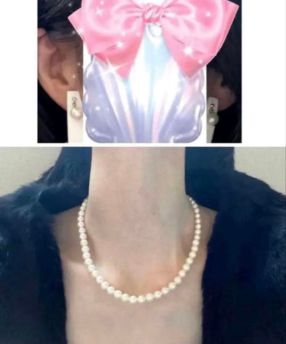 Perlite Akoya 7mm white round pearl necklace and drop earrings set on 41cm K14WG chain