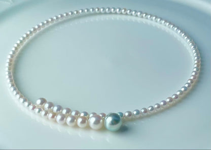 Multicolor Akoya pearl necklace with 4.0-9.3 mm pearls in omega style choker design