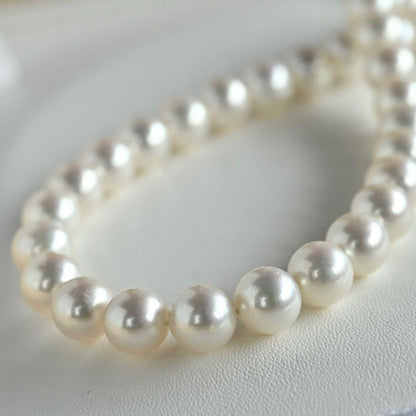 Highest Grade Hanadama Aquamarine Pearl Necklace with 8mm round pearls and silver clasp in cream white with aurora mix color