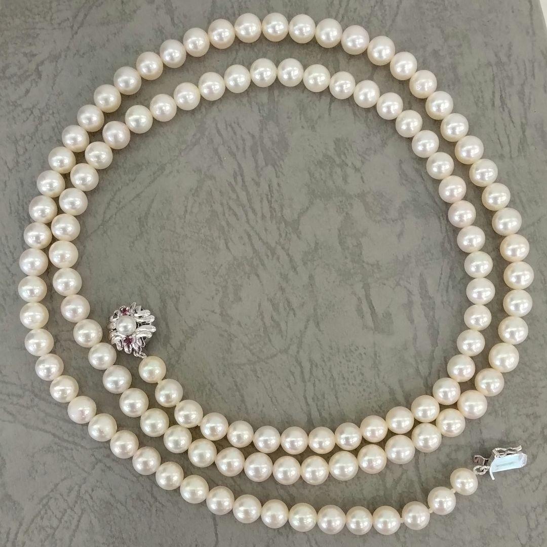 Akoya pearl long necklace with 114 round 7.0-7.5mm beads and silver clasp, 84cm length