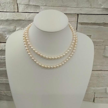 Akoya pearl long necklace with 114 round 7.0-7.5mm beads and silver clasp, 84cm length