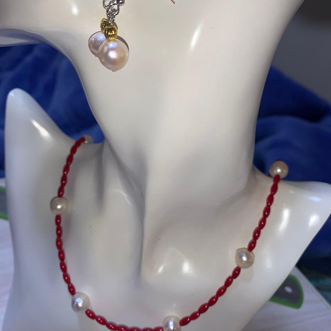 Blood-red coral necklace and matching earrings with 9.5mm Akoya pearls on 48cm chain