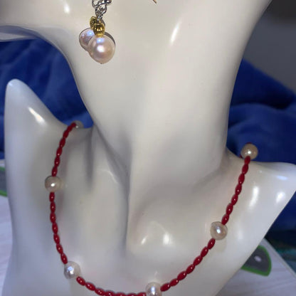 Blood-red coral necklace and matching earrings with 9.5mm Akoya pearls on 48cm chain