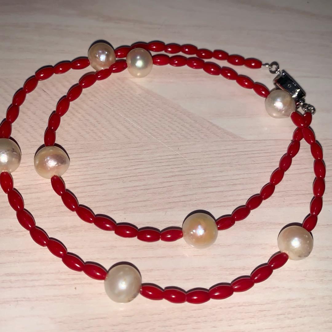 Blood-red coral necklace and matching earrings with 9.5mm Akoya pearls on 48cm chain