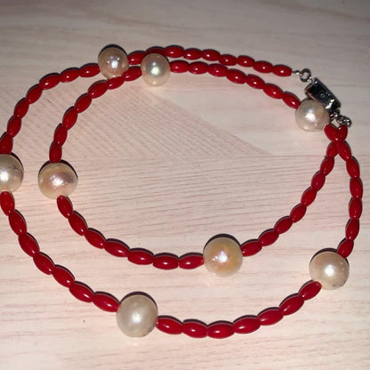 Blood-red coral necklace and matching earrings with 9.5mm Akoya pearls on 48cm chain