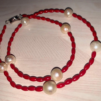 Blood-red coral necklace and matching earrings with 9.5mm Akoya pearls on 48cm chain