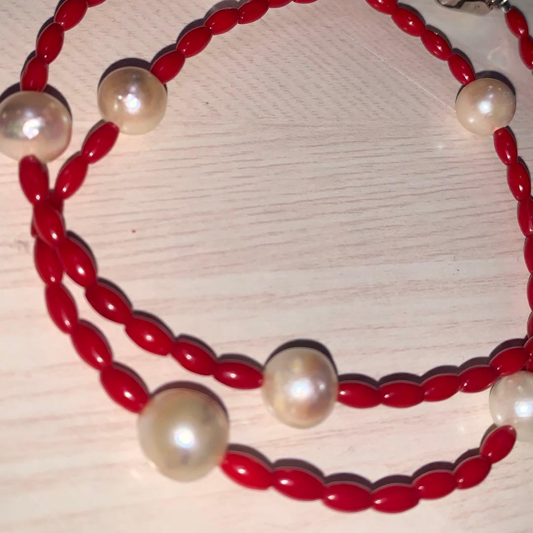 Blood-red coral necklace and matching earrings with 9.5mm Akoya pearls on 48cm chain