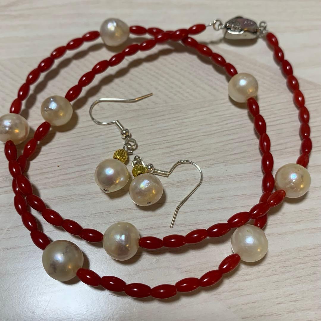 Blood-red coral necklace and matching earrings with 9.5mm Akoya pearls on 48cm chain
