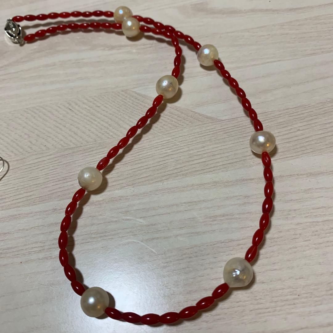 Blood-red coral necklace and matching earrings with 9.5mm Akoya pearls on 48cm chain