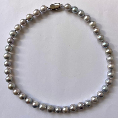 Akoya pearl necklace with natural blue pearls sized 8.5-9.5mm on a 39cm string with certification tag