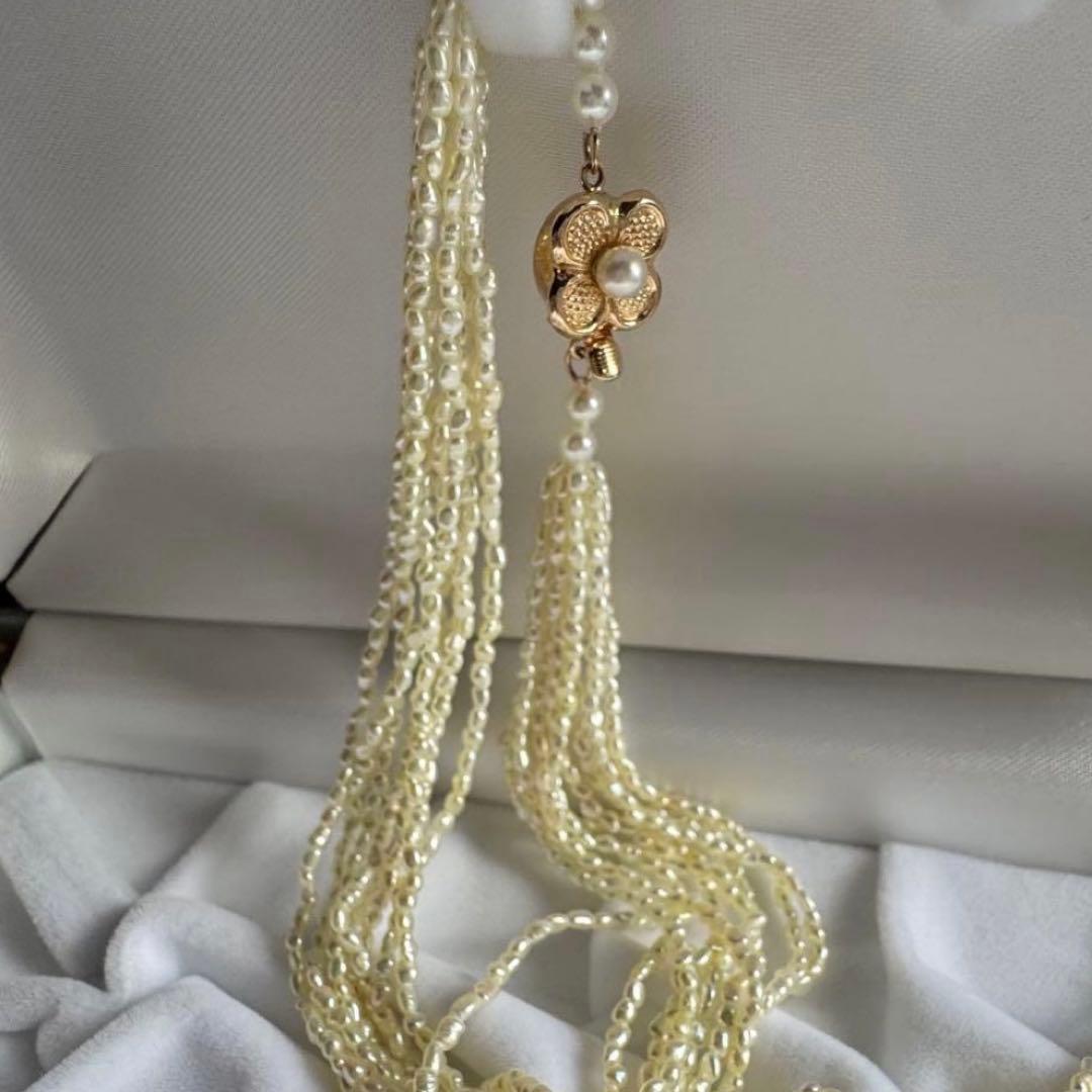 K14 Akoya pearl mugwartless bead necklace with 8 strands and K14 pink gold clasp, 43 cm length