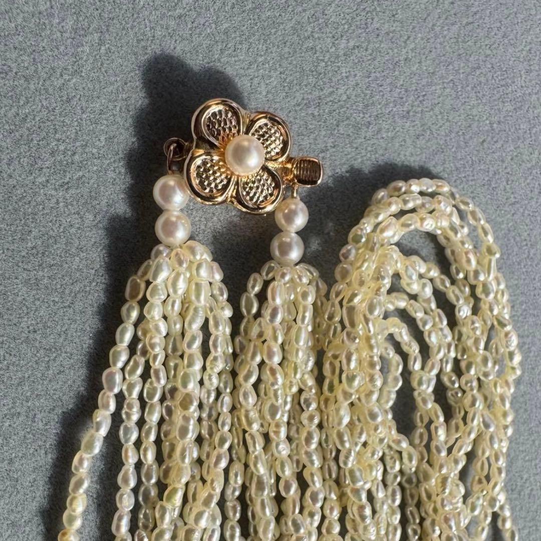 K14 Akoya pearl mugwartless bead necklace with 8 strands and K14 pink gold clasp, 43 cm length