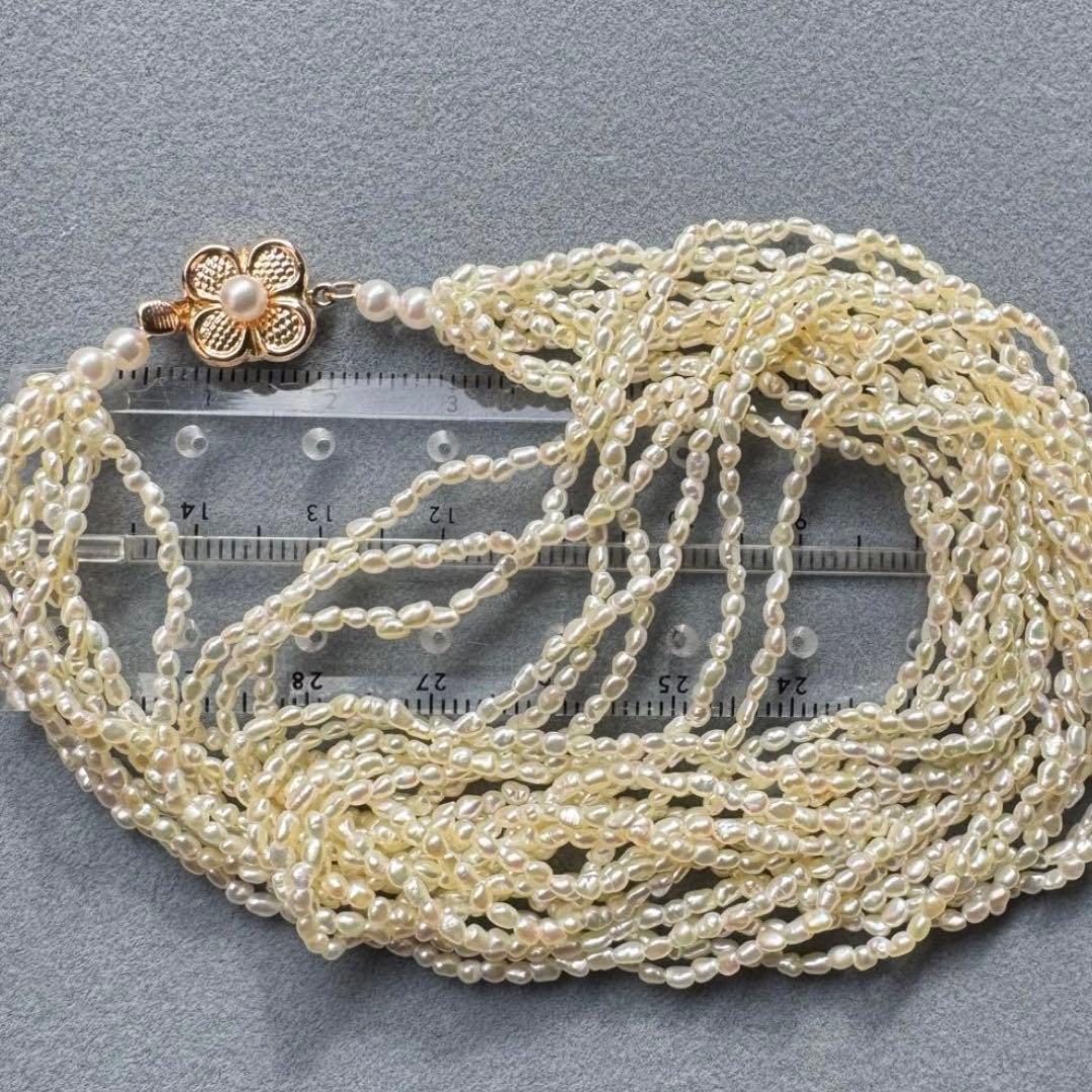 K14 Akoya pearl mugwartless bead necklace with 8 strands and K14 pink gold clasp, 43 cm length
