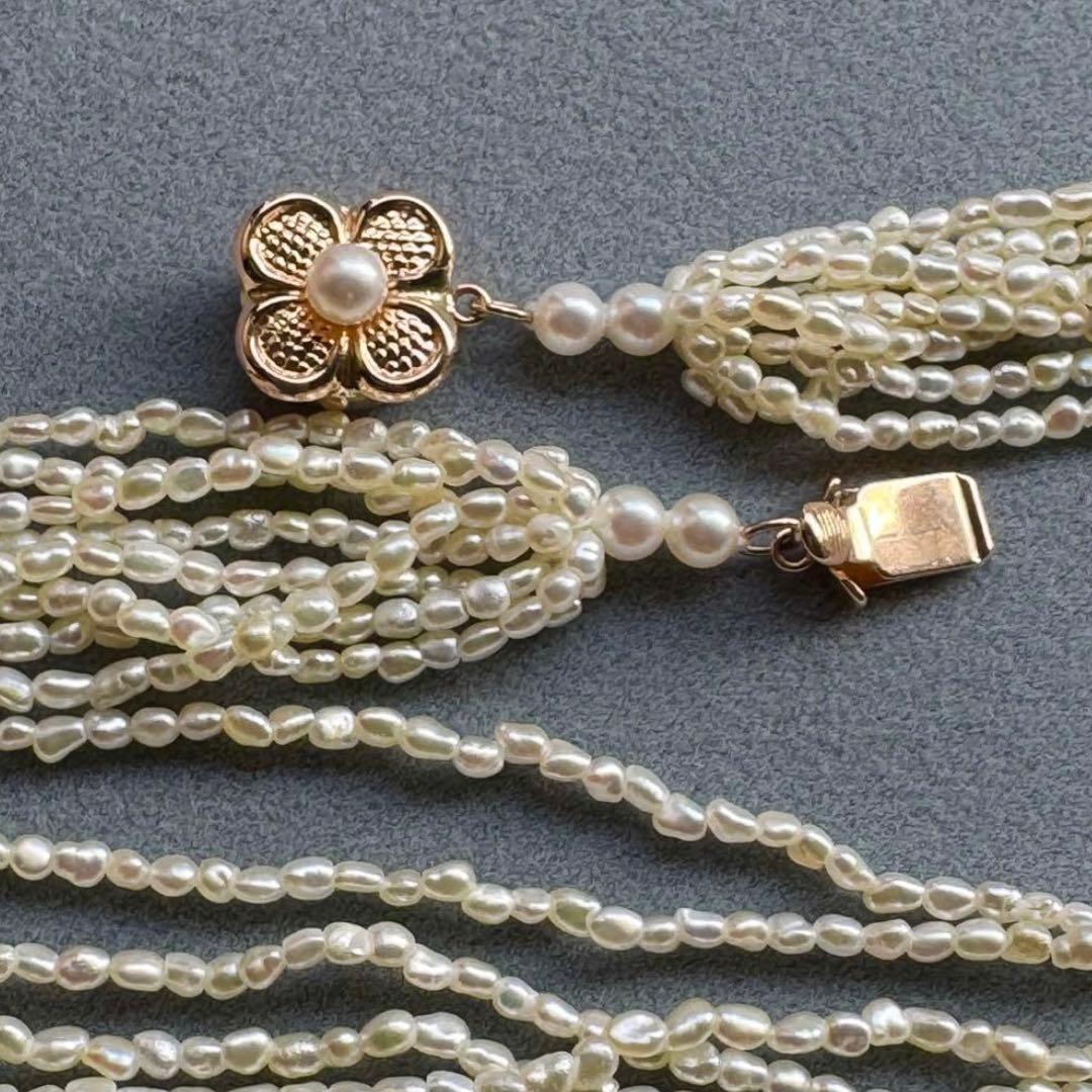 K14 Akoya pearl mugwartless bead necklace with 8 strands and K14 pink gold clasp, 43 cm length