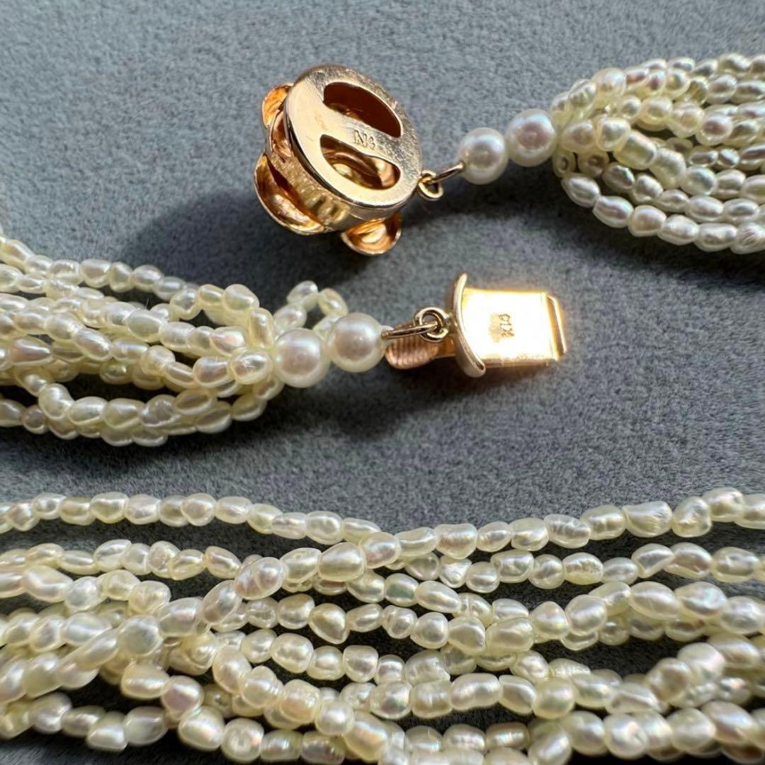 K14 Akoya pearl mugwartless bead necklace with 8 strands and K14 pink gold clasp, 43 cm length