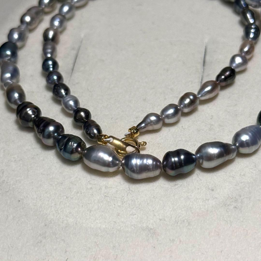 K18 Black Butterfly Keshiwase natural pearl mustard necklace with peacock pearls measuring 4.0-6.0 mm on 42.5 cm chain