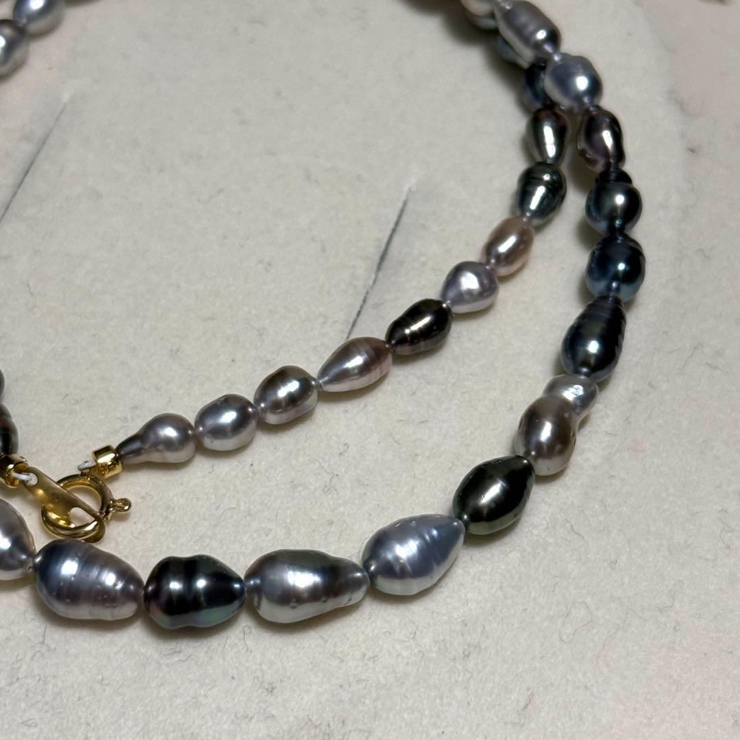 K18 Black Butterfly Keshiwase natural pearl mustard necklace with peacock pearls measuring 4.0-6.0 mm on 42.5 cm chain