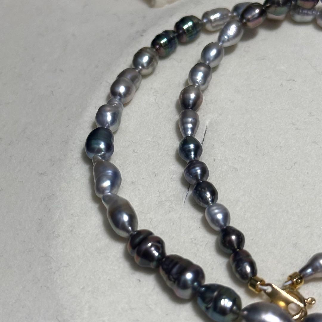 K18 Black Butterfly Keshiwase natural pearl mustard necklace with peacock pearls measuring 4.0-6.0 mm on 42.5 cm chain