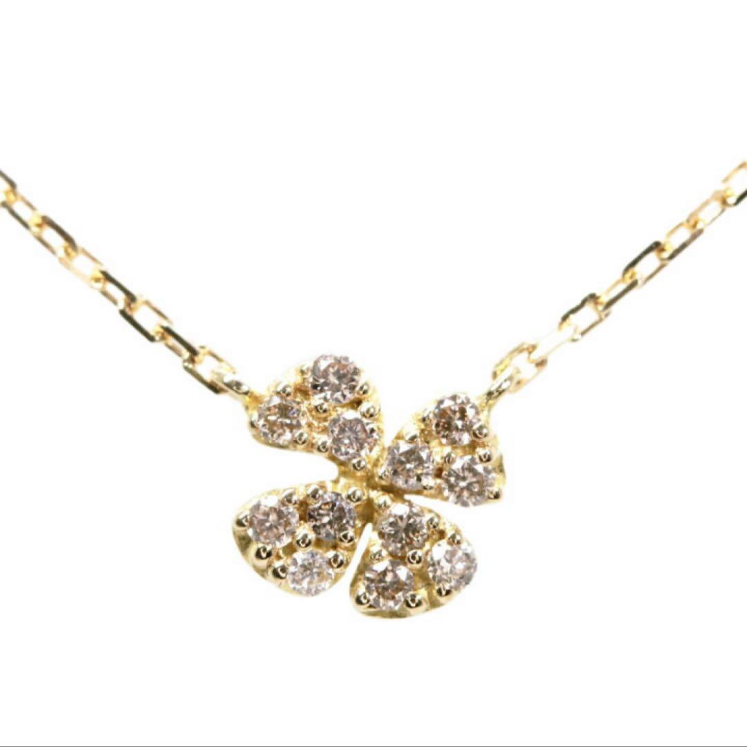agete K18 gold necklace featuring a diamond clover pendant on a fine chain