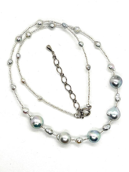 Akoya pearl necklace with 8-10 mm pearls, small baby pearls, Italian gold foil, and Venetian glass parts