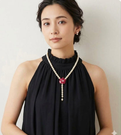 Akoya pearl flower coral necklace with 7mm pearls and 2.7cm rose pendant on 42cm chain