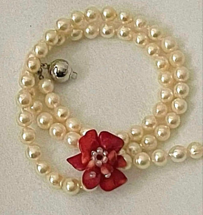 Akoya pearl flower coral necklace with 7mm pearls and 2.7cm rose pendant on 42cm chain