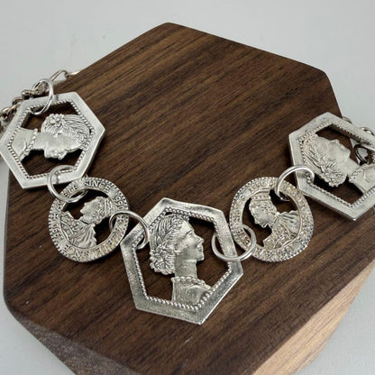 Silver plated Agat Coin Motif Necklace with a 49.5 cm length displayed on a white background