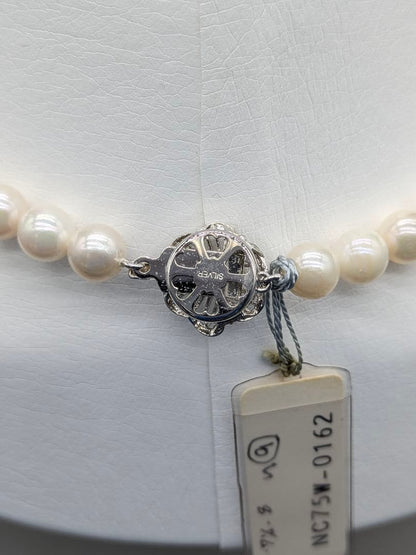 Akoya genuine white pearl necklace with 7.5-8mm pearls and silver clasp, 41.7cm long