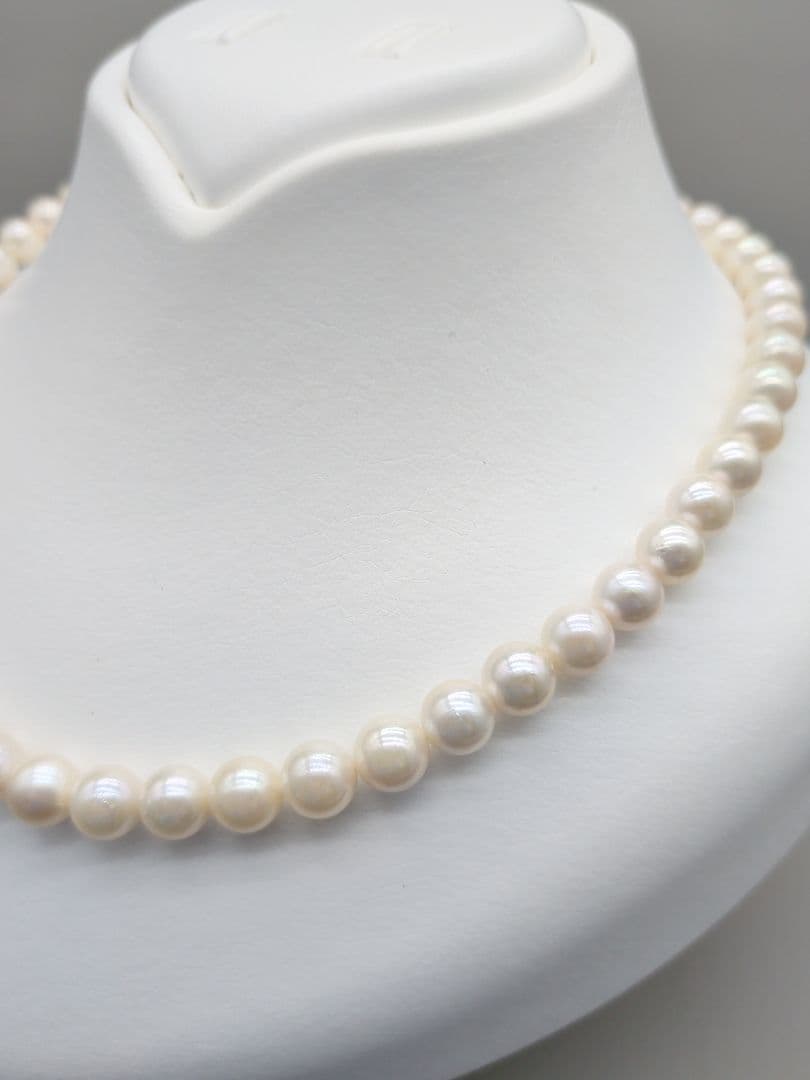 Akoya genuine white pearl necklace with 7.5-8mm pearls and silver clasp, 41.7cm long