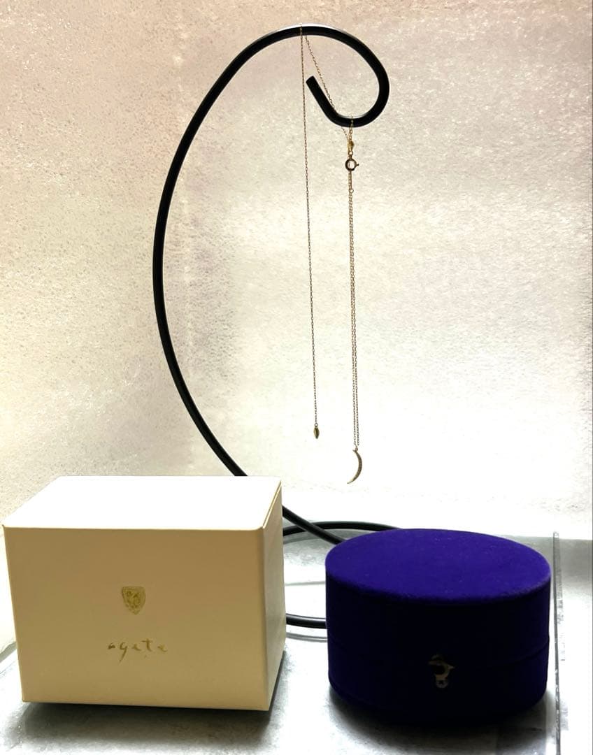 Agete K18 diamond crescent moon necklace with 48cm length displayed on a white background