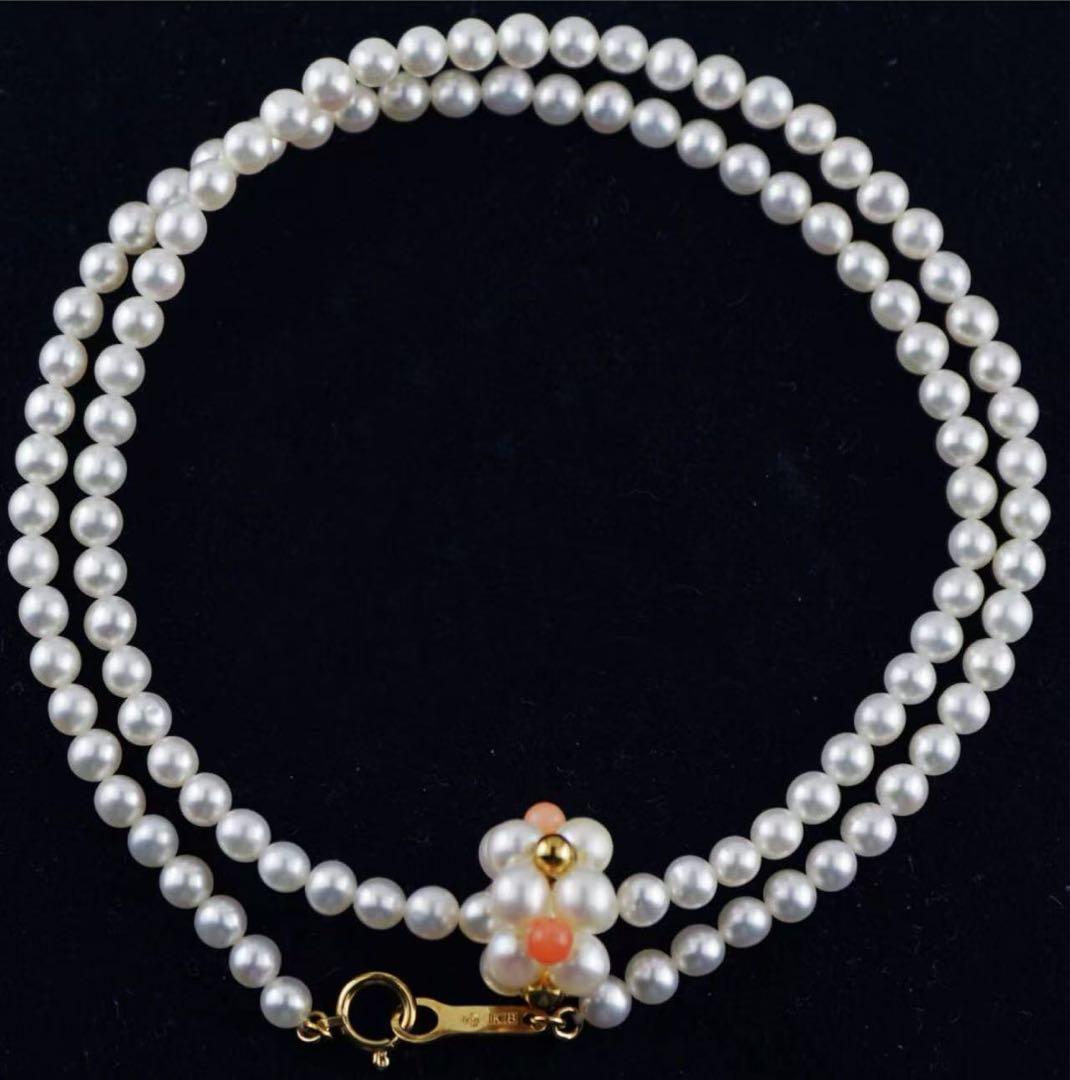 Tasaki K18 Akoya baby pearl coral necklace with 3.5 to 4.0mm pearls and coral beads on a 44cm chain