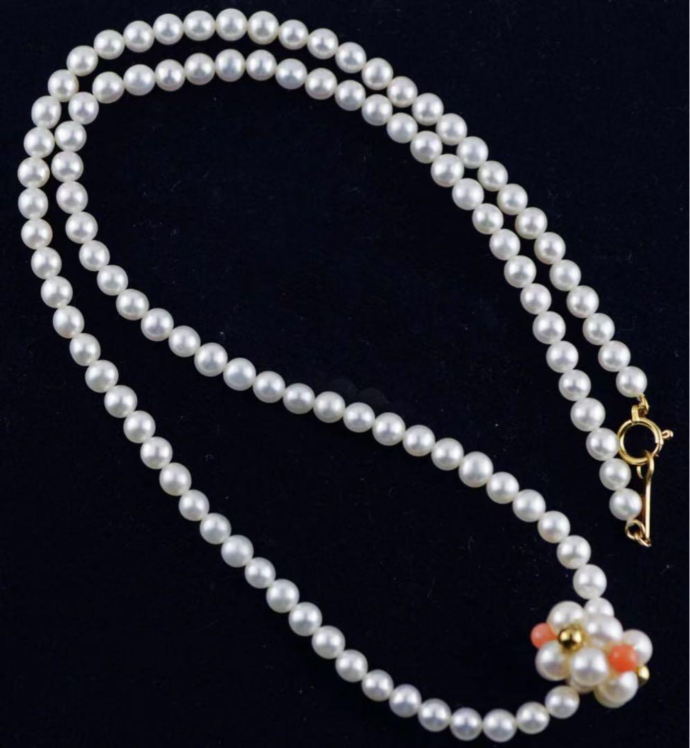 Tasaki K18 Akoya baby pearl coral necklace with 3.5 to 4.0mm pearls and coral beads on a 44cm chain