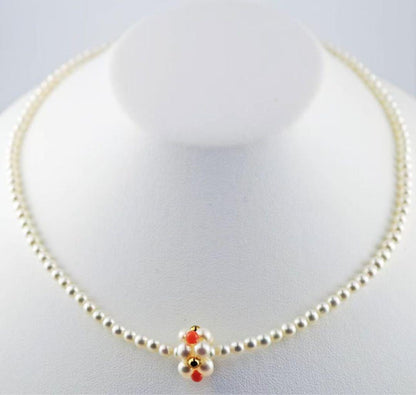 Tasaki K18 Akoya baby pearl coral necklace with 3.5 to 4.0mm pearls and coral beads on a 44cm chain